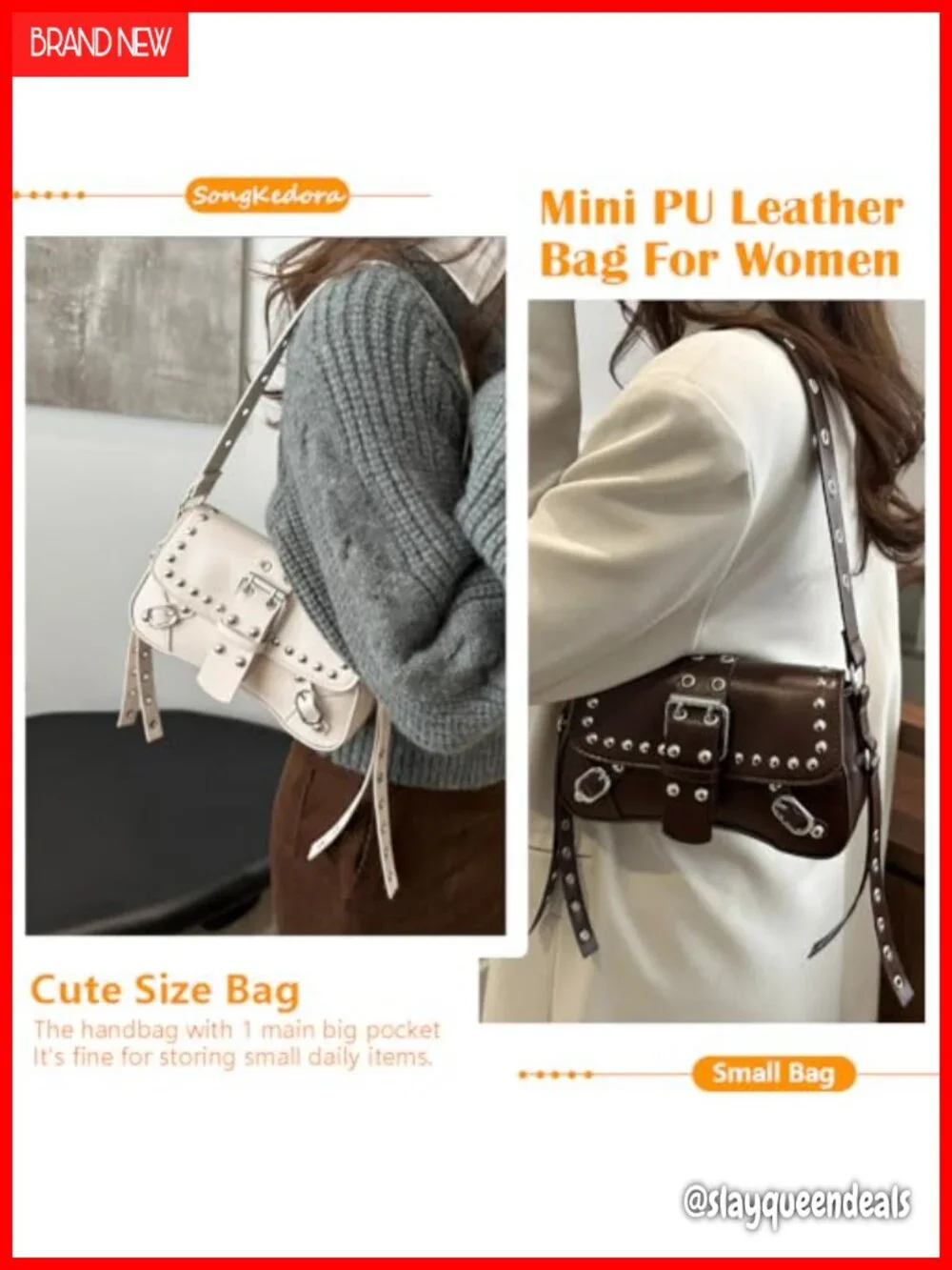 Studded Rivet Punk Shoulder Bag Y2K PU Leather Hobo Small Clutch Purse